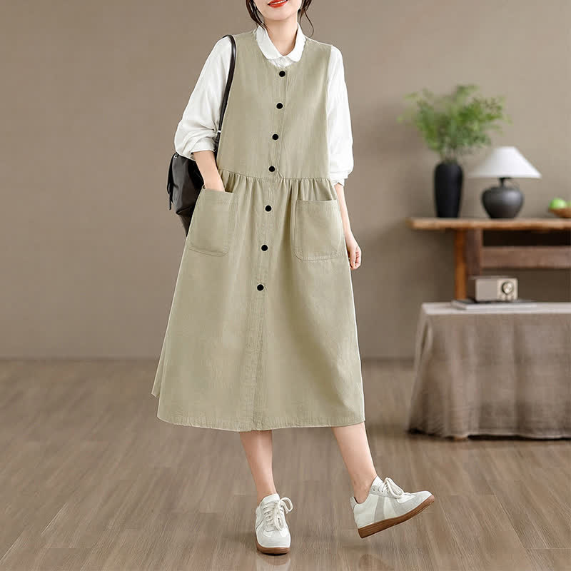 Buddha Stones Lässiges, minimalistisches, einfarbiges Sommerkleid für Damen mit Knopfleiste und Tasche - Beige - US8-10, UK/AU12-14, EU40-42 (XL) - image 18