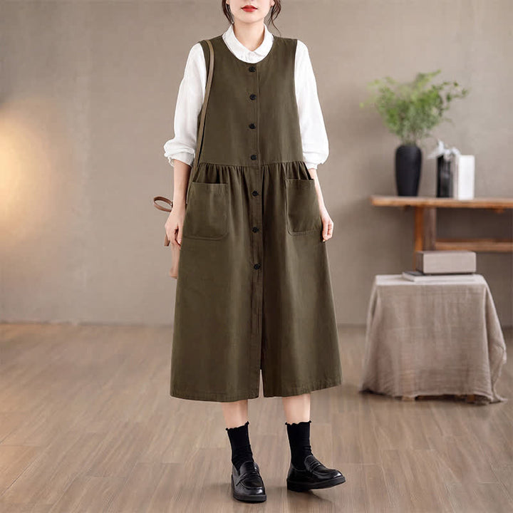 Buddha Stones Lässiges, minimalistisches, einfarbiges Sommerkleid für Damen mit Knopfleiste und Tasche - image 5