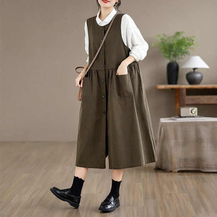 Buddha Stones Lässiges, minimalistisches, einfarbiges Sommerkleid für Damen mit Knopfleiste und Tasche - image 3