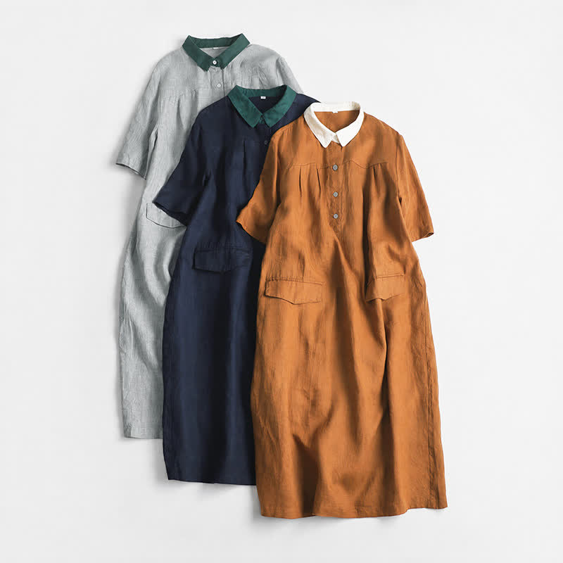 Buddha Stones Lässiges, minimalistisches Kurzarmkleid mit Knopfleiste und Tasche für Damen, ideal für Frühling und Sommer. - image 13