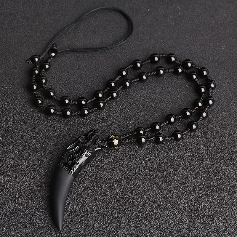 Buddha Stones, natürlicher Eis-Obsidian, Wolfszahn-Muster, Mut-Halsketten-Anhänger - 63 x 14 mm Kette aus Eisobsidian und schwarzen Perlen - image 1