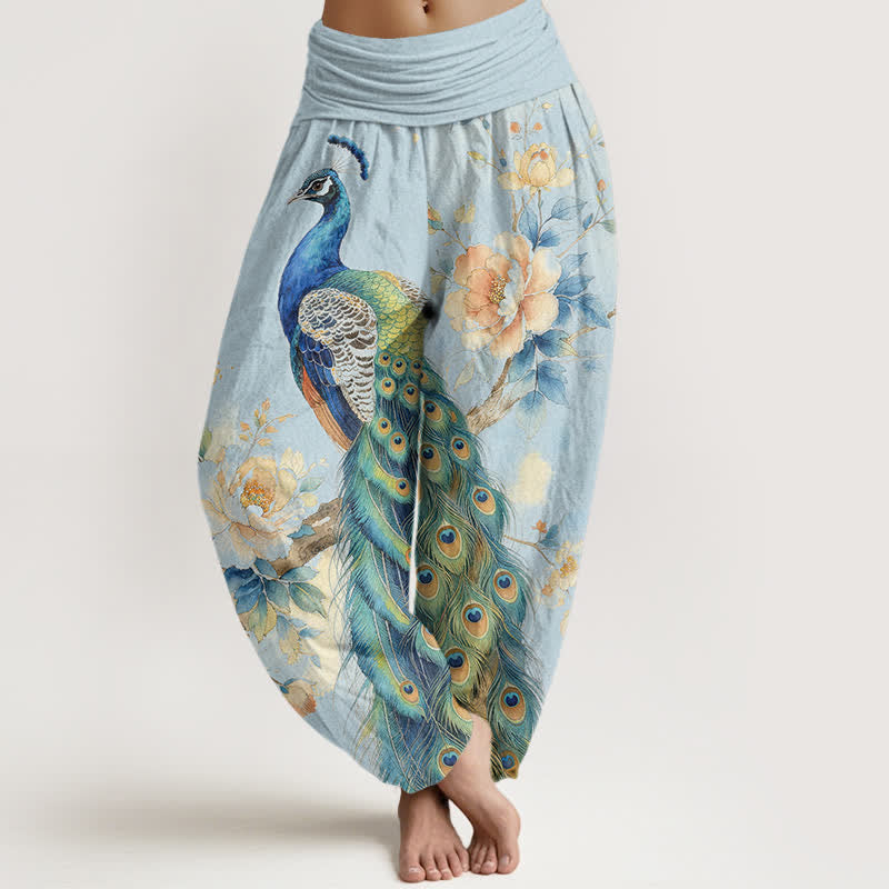 Buddha Stones Baumwoll-Haremshose mit Pfauen- und Blumenmuster, elastischer Bund, Damen - Hellblau - US16, UK/AU20, EU48 (3XL) - image 5