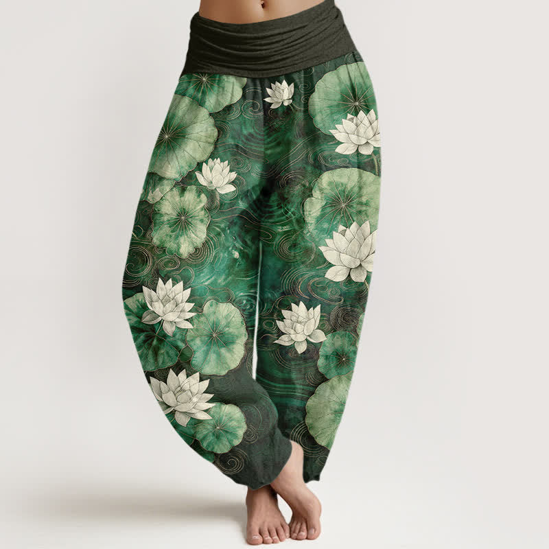 Buddha Stones Baumwoll-Haremshose mit Lotus-Teich-Muster und elastischem Bund für Damen - SeaGreen - US16, UK/AU20, EU48 (3XL) - image 0