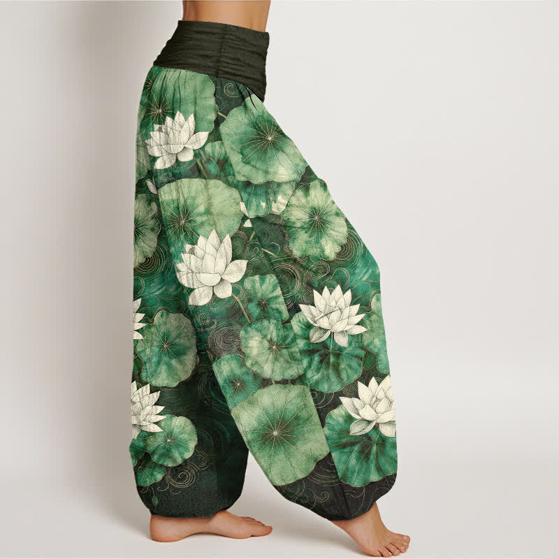 Buddha Stones Baumwoll-Haremshose mit Lotus-Teich-Muster und elastischem Bund für Damen - image 1