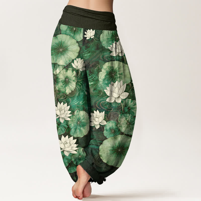 Buddha Stones Baumwoll-Haremshose mit Lotus-Teich-Muster und elastischem Bund für Damen - image 2