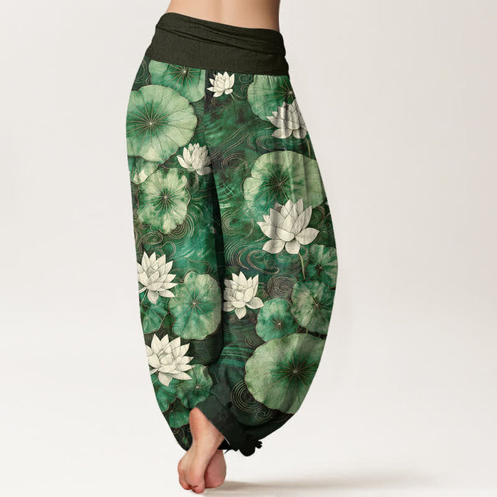 Buddha Stones Baumwoll-Haremshose mit Lotus-Teich-Muster und elastischem Bund für Damen - image 2