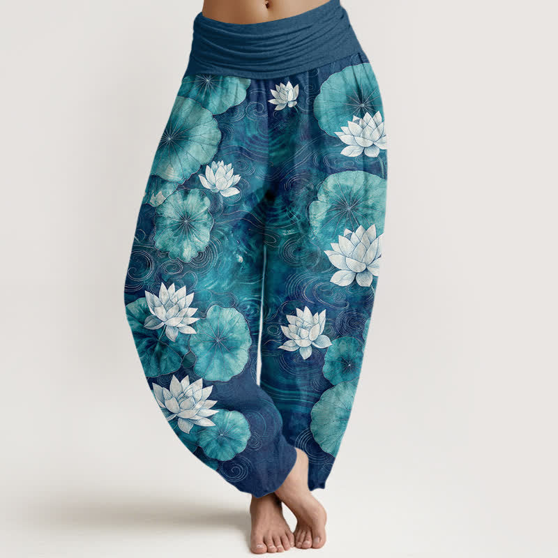 Buddha Stones Baumwoll-Haremshose mit Lotus-Teich-Muster und elastischem Bund für Damen - Türkis - US16, UK/AU20, EU48 (3XL) - image 5