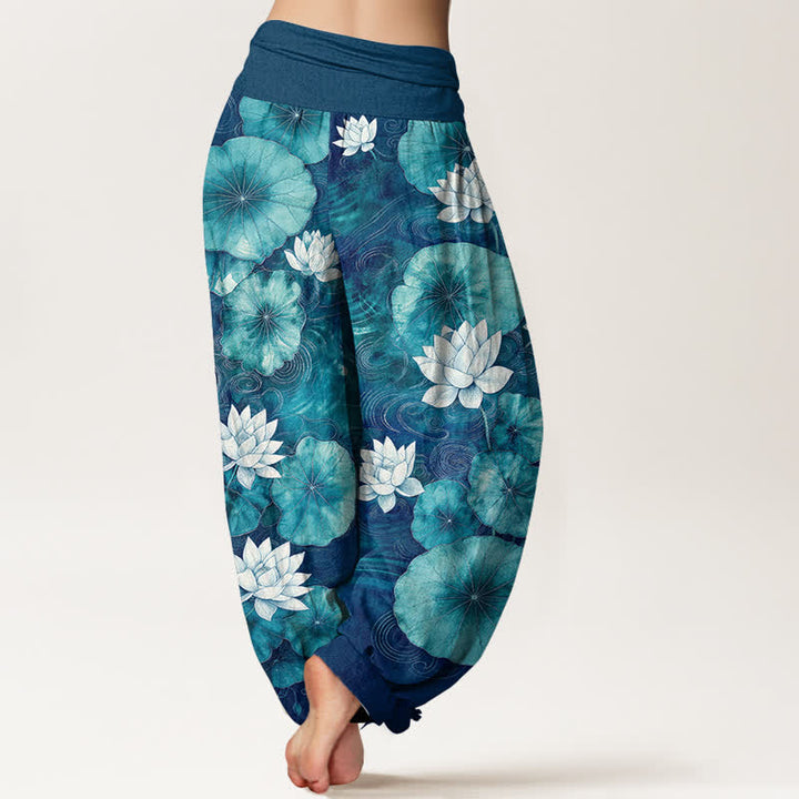 Buddha Stones Baumwoll-Haremshose mit Lotus-Teich-Muster und elastischem Bund für Damen - image 7