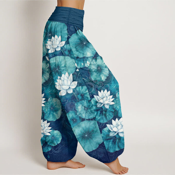 Buddha Stones Baumwoll-Haremshose mit Lotus-Teich-Muster und elastischem Bund für Damen - image 6