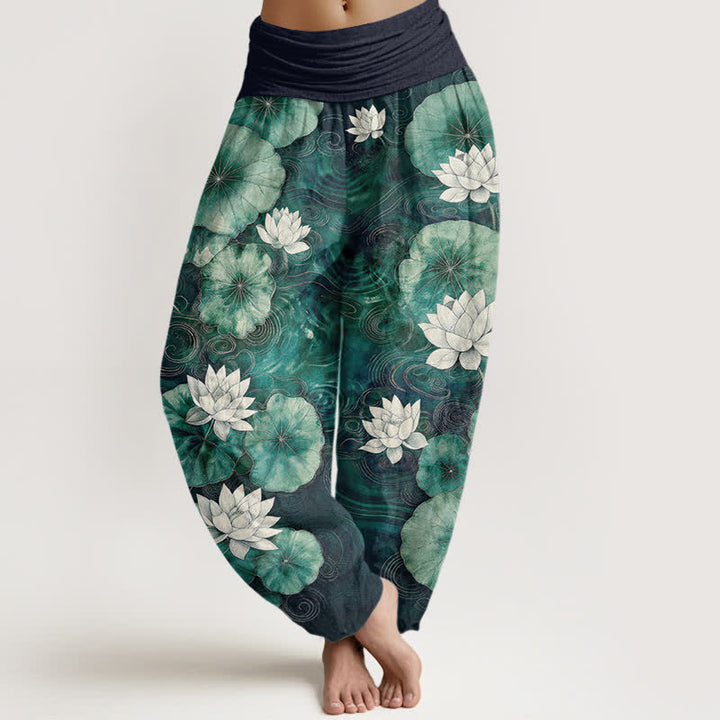 Buddha Stones Baumwoll-Haremshose mit Lotus-Teich-Muster und elastischem Bund für Damen - Marine - US16, UK/AU20, EU48 (3XL) - image 8