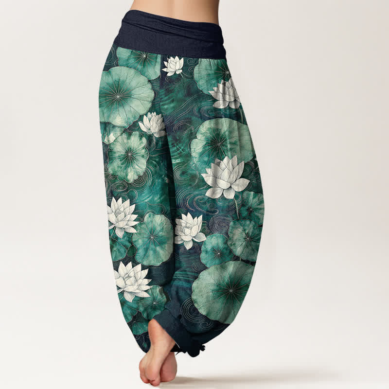 Buddha Stones Baumwoll-Haremshose mit Lotus-Teich-Muster und elastischem Bund für Damen - image 10