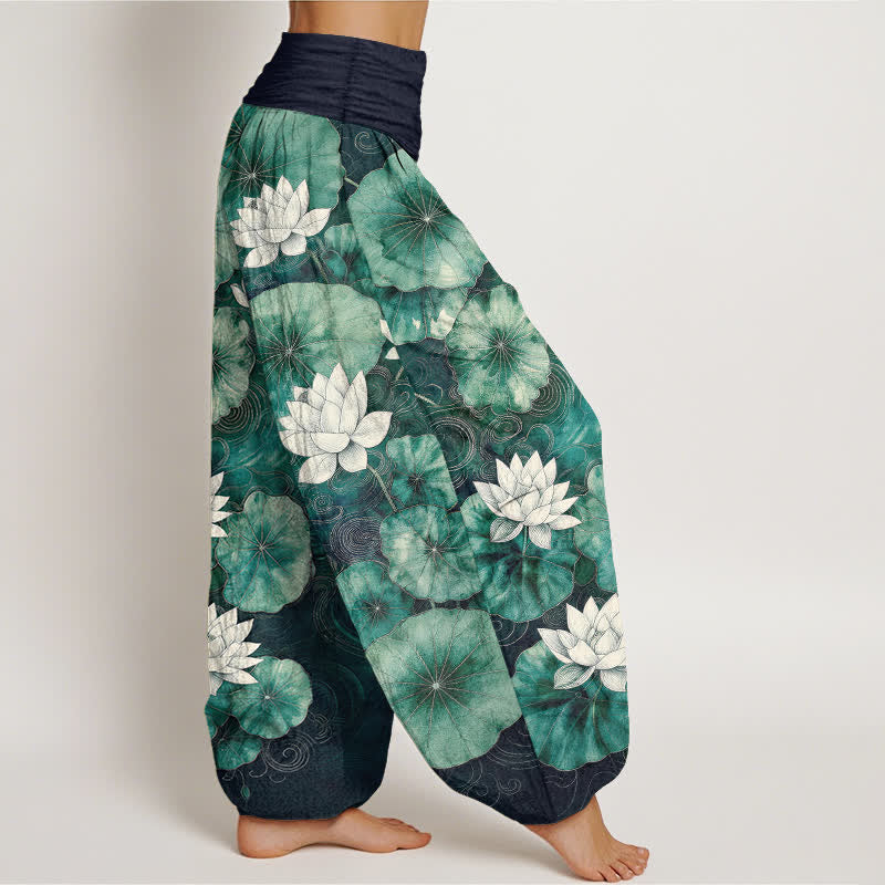Buddha Stones Baumwoll-Haremshose mit Lotus-Teich-Muster und elastischem Bund für Damen - image 9