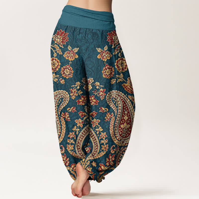 Buddha Stones Haremshose aus Baumwolle mit Paisley-Blumenmuster und elastischem Bund für Damen - image 2