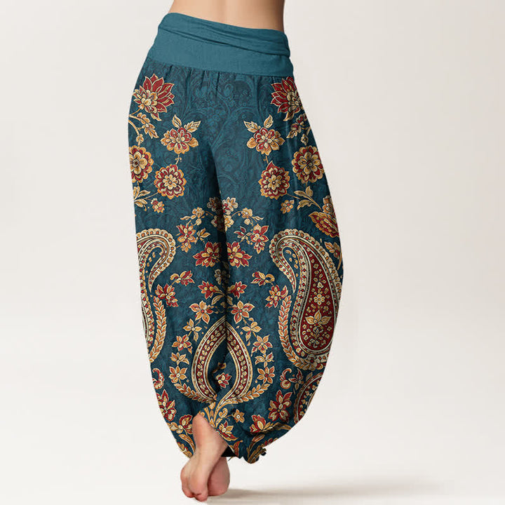Buddha Stones Haremshose aus Baumwolle mit Paisley-Blumenmuster und elastischem Bund für Damen - image 2
