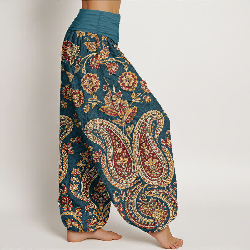 Buddha Stones Haremshose aus Baumwolle mit Paisley-Blumenmuster und elastischem Bund für Damen - image 1