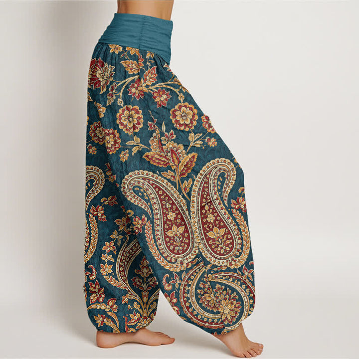 Buddha Stones Haremshose aus Baumwolle mit Paisley-Blumenmuster und elastischem Bund für Damen - image 1