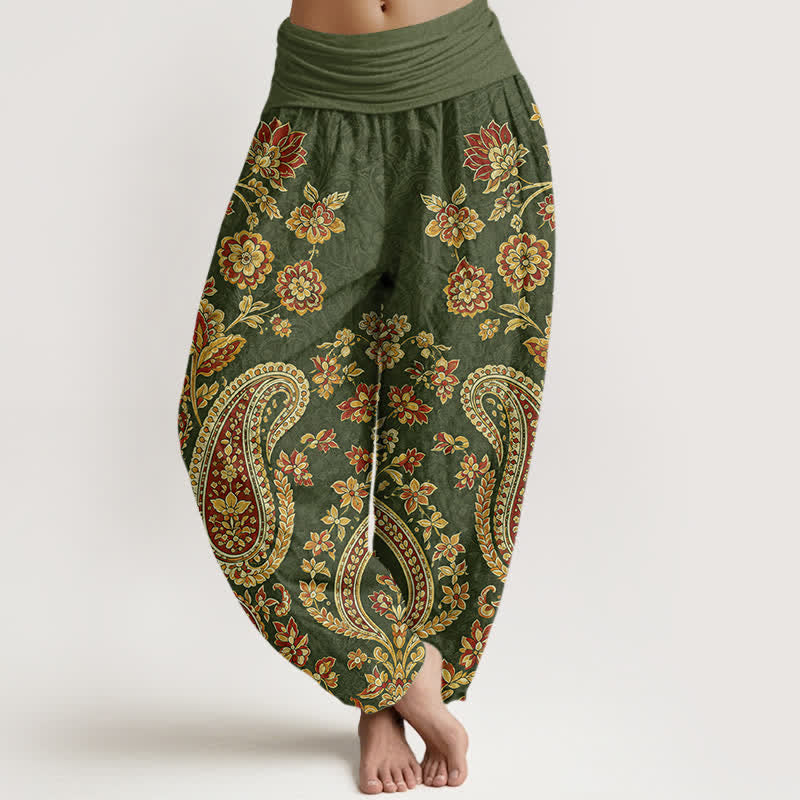 Buddha Stones Haremshose aus Baumwolle mit Paisley-Blumenmuster und elastischem Bund für Damen - Dunkelolivgrün - US16, UK/AU20, EU48 (3XL) - image 5