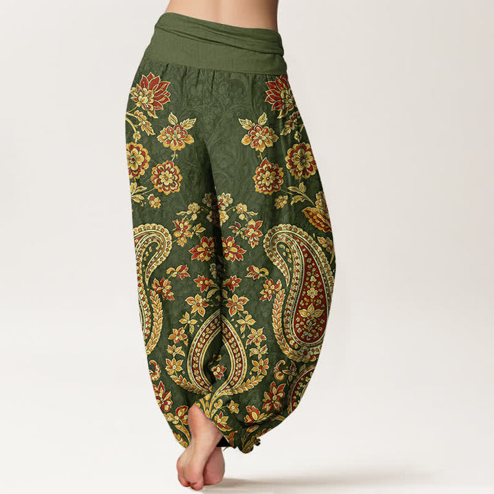 Buddha Stones Haremshose aus Baumwolle mit Paisley-Blumenmuster und elastischem Bund für Damen - image 7
