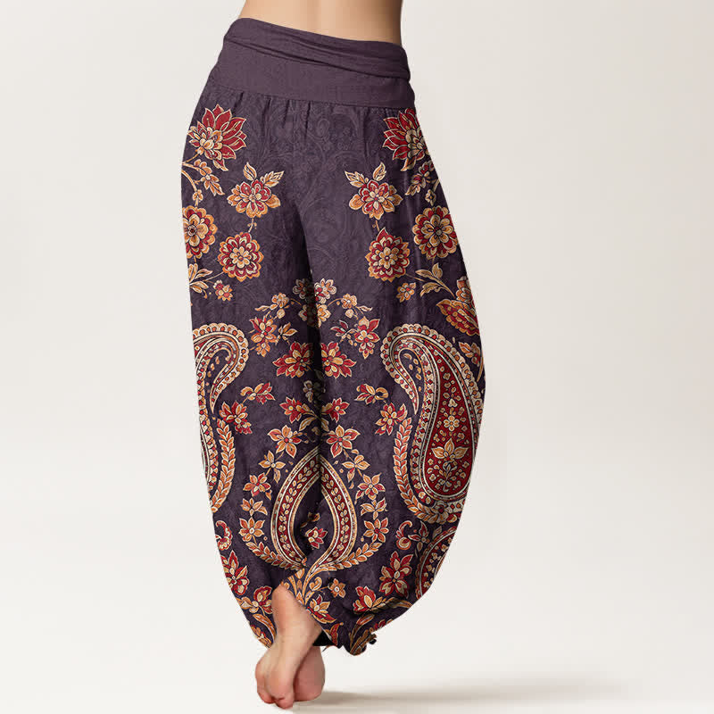 Buddha Stones Haremshose aus Baumwolle mit Paisley-Blumenmuster und elastischem Bund für Damen - image 10