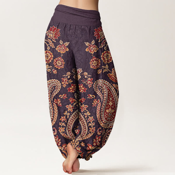 Buddha Stones Haremshose aus Baumwolle mit Paisley-Blumenmuster und elastischem Bund für Damen - image 10