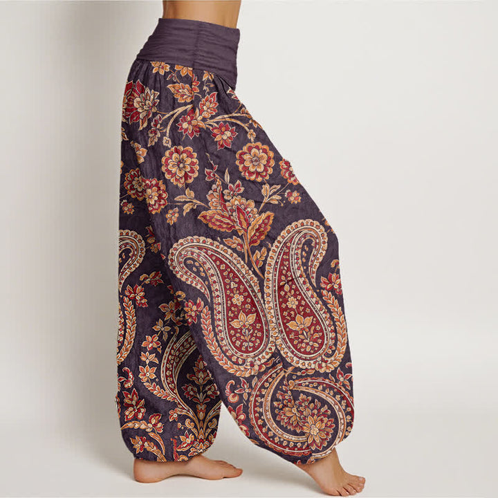 Buddha Stones Haremshose aus Baumwolle mit Paisley-Blumenmuster und elastischem Bund für Damen - image 9