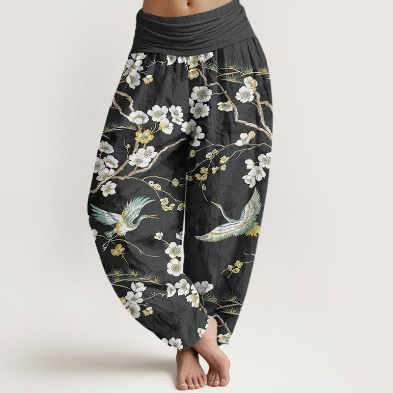 Buddha Stones Baumwoll-Haremshose mit weißem Blüten- und Kranichmuster, elastischer Bund, Damen - Schwarz - US16, UK/AU20, EU48 (3XL) - image 8