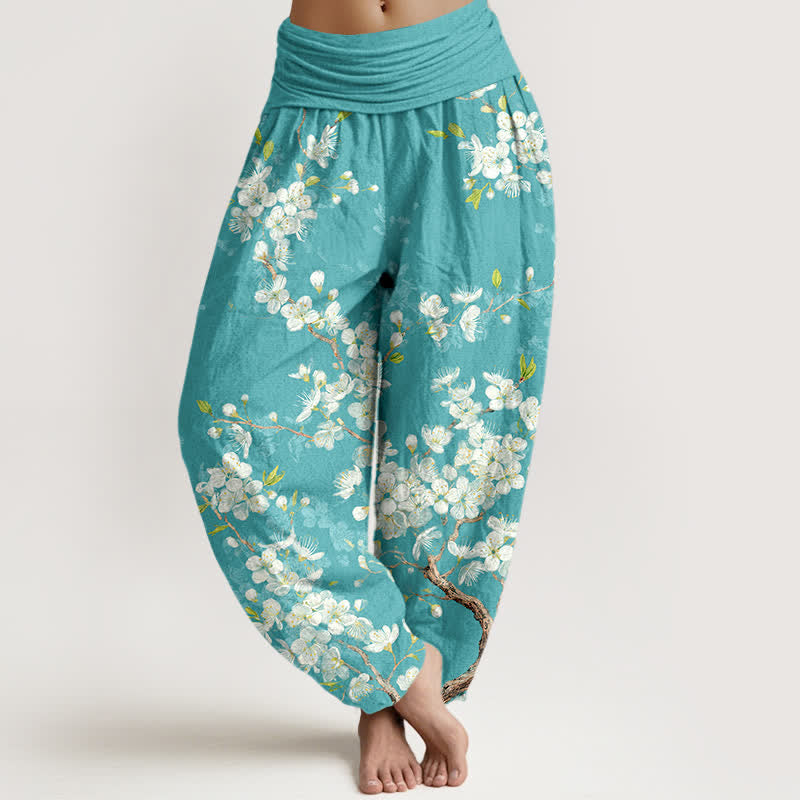 Buddha Stones Baumwoll-Haremshose mit botanischem Blüten- und Zweigmuster, elastischem Bund, Damen - Türkis - US16, UK/AU20, EU48 (3XL) - image 0