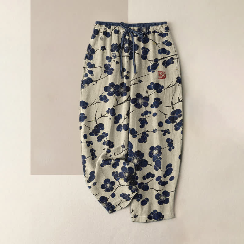 Buddha Stones Damenhose aus reiner Baumwolle mit indigoblauem Blütenmuster, elastischem Bund und Taschen - Elfenbein - US16, UK/AU20, EU48 (3XL) - image 0