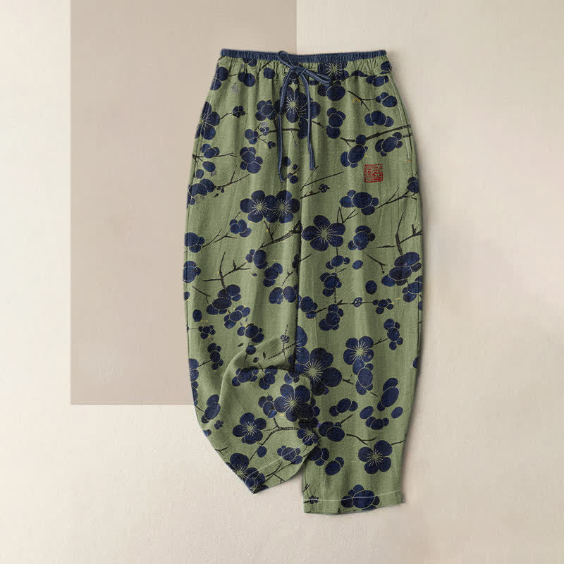 Buddha Stones Damenhose aus reiner Baumwolle mit indigoblauem Blütenmuster, elastischem Bund und Taschen - Olivgrün - US16, UK/AU20, EU48 (3XL) - image 4