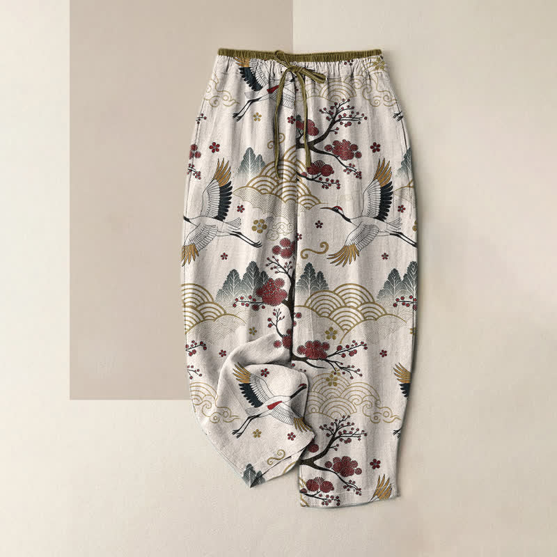 Buddha Stones Reine Baumwolle, elegante Damenhose mit Kranich- und Pflaumenblütenmuster, elastischem Bund und Taschen - Elfenbein - US16, UK/AU20, EU48 (3XL) - image 0