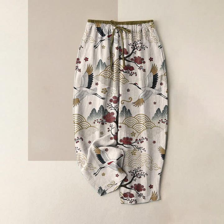 Buddha Stones Reine Baumwolle, elegante Damenhose mit Kranich- und Pflaumenblütenmuster, elastischem Bund und Taschen - Elfenbein - US16, UK/AU20, EU48 (3XL) - image 0