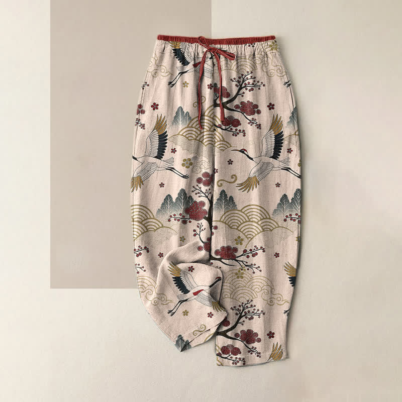 Buddha Stones Reine Baumwolle, elegante Damenhose mit Kranich- und Pflaumenblütenmuster, elastischem Bund und Taschen - Lavendel-Rouge - US16, UK/AU20, EU48 (3XL) - image 4
