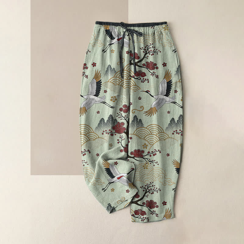 Buddha Stones Reine Baumwolle, elegante Damenhose mit Kranich- und Pflaumenblütenmuster, elastischem Bund und Taschen - Hellgrün - US16, UK/AU20, EU48 (3XL) - image 3