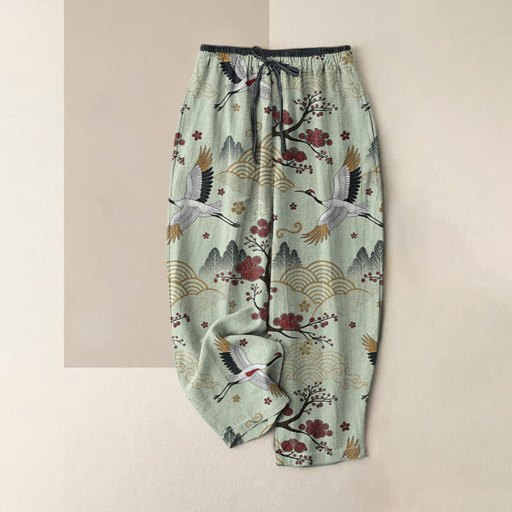 Buddha Stones Reine Baumwolle, elegante Damenhose mit Kranich- und Pflaumenblütenmuster, elastischem Bund und Taschen - Hellgrün - US16, UK/AU20, EU48 (3XL) - image 3
