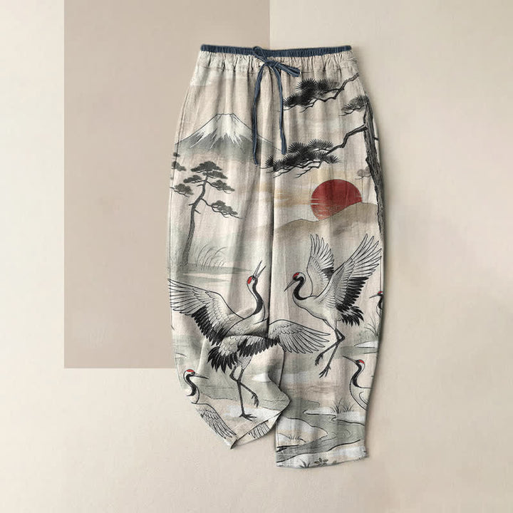 Buddha Stones Damenhose aus reiner Baumwolle mit Kranich-Landschaftsmuster, elastischem Bund und Taschen - Elfenbein - US16, UK/AU20, EU48 (3XL) - image 0