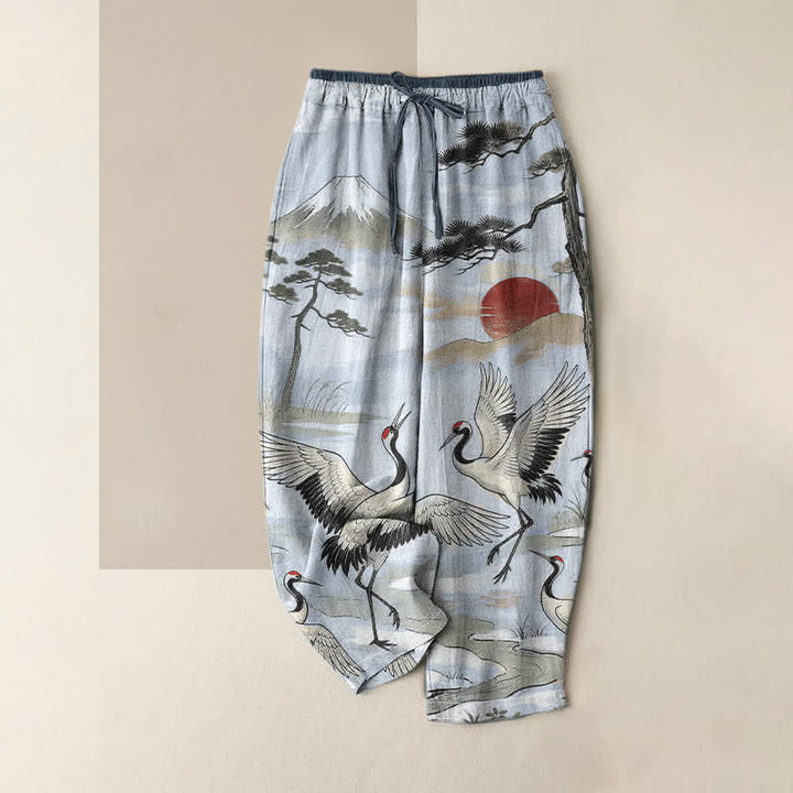 Buddha Stones Damenhose aus reiner Baumwolle mit Kranich-Landschaftsmuster, elastischem Bund und Taschen - Hellblau - US16, UK/AU20, EU48 (3XL) - image 3
