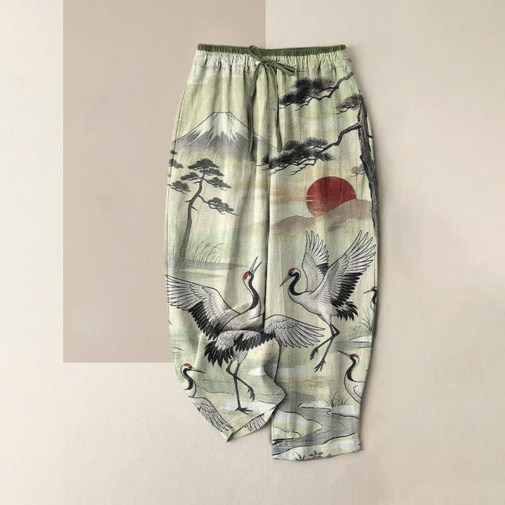 Buddha Stones Damenhose aus reiner Baumwolle mit Kranich-Landschaftsmuster, elastischem Bund und Taschen - Hellgrün - US16, UK/AU20, EU48 (3XL) - image 4