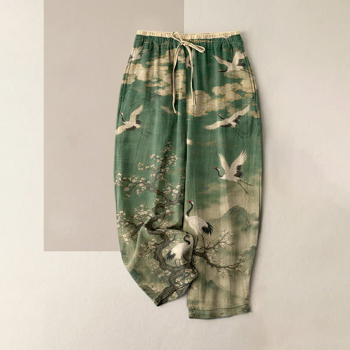 Buddha Stones Elegante Damenhose aus reiner Baumwolle mit Kranichblütenmuster, elastischem Bund und Taschen - SeaGreen - US16, UK/AU20, EU48 (3XL) - image 0