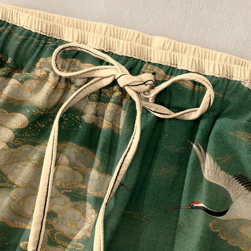 Buddha Stones Elegante Damenhose aus reiner Baumwolle mit Kranichblütenmuster, elastischem Bund und Taschen - image 1