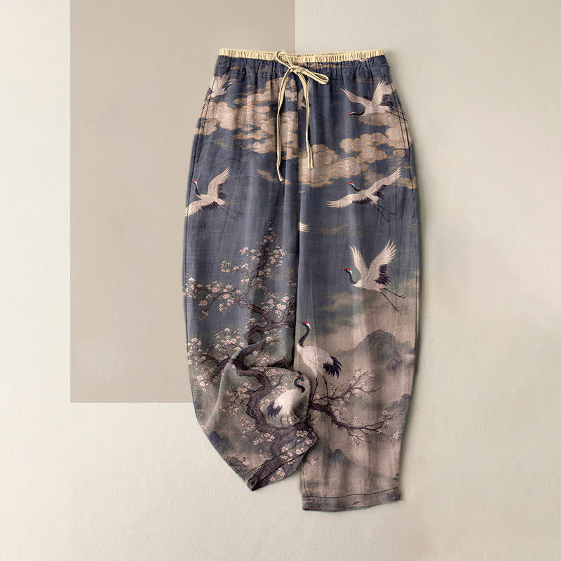 Buddha Stones Elegante Damenhose aus reiner Baumwolle mit Kranichblütenmuster, elastischem Bund und Taschen - Schiefergrau - US16, UK/AU20, EU48 (3XL) - image 4