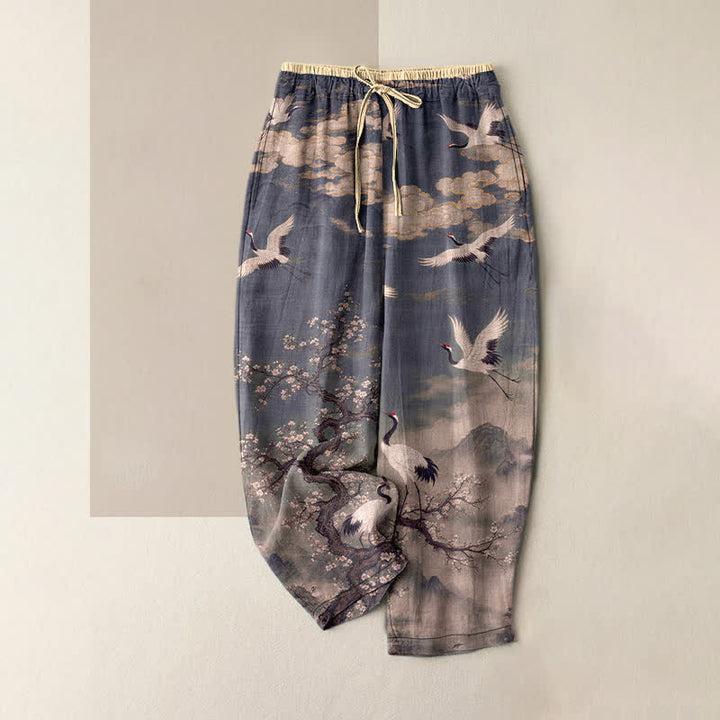 Buddha Stones Elegante Damenhose aus reiner Baumwolle mit Kranichblütenmuster, elastischem Bund und Taschen - Schiefergrau - US16, UK/AU20, EU48 (3XL) - image 4