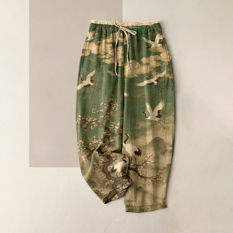Buddha Stones Elegante Damenhose aus reiner Baumwolle mit Kranichblütenmuster, elastischem Bund und Taschen - Olive - US16, UK/AU20, EU48 (3XL) - image 5