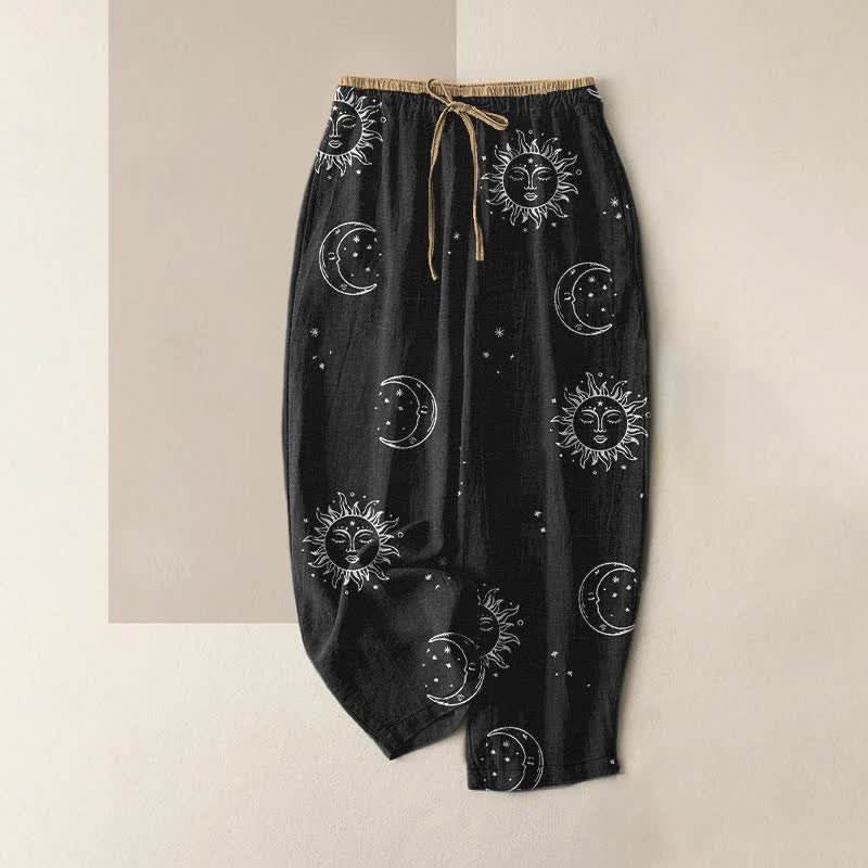 Buddha Stones Damenhose aus reiner Baumwolle mit mystischem Mond- und Sonnenmuster, elastischem Bund und Taschen - Schwarz - US16, UK/AU20, EU48 (3XL) - image 0