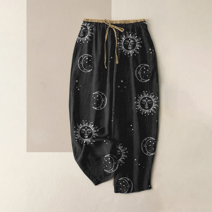 Buddha Stones Damenhose aus reiner Baumwolle mit mystischem Mond- und Sonnenmuster, elastischem Bund und Taschen - Schwarz - US16, UK/AU20, EU48 (3XL) - image 0