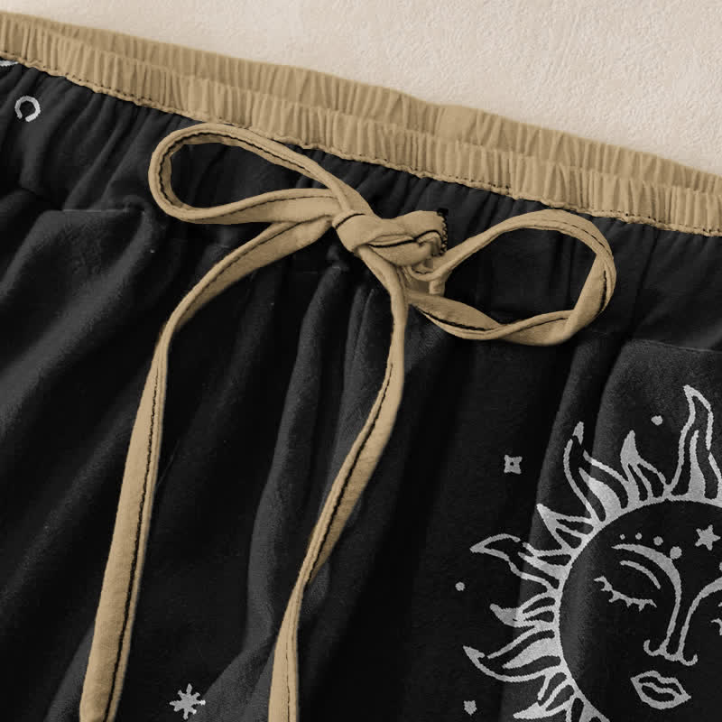 Buddha Stones Damenhose aus reiner Baumwolle mit mystischem Mond- und Sonnenmuster, elastischem Bund und Taschen - image 1
