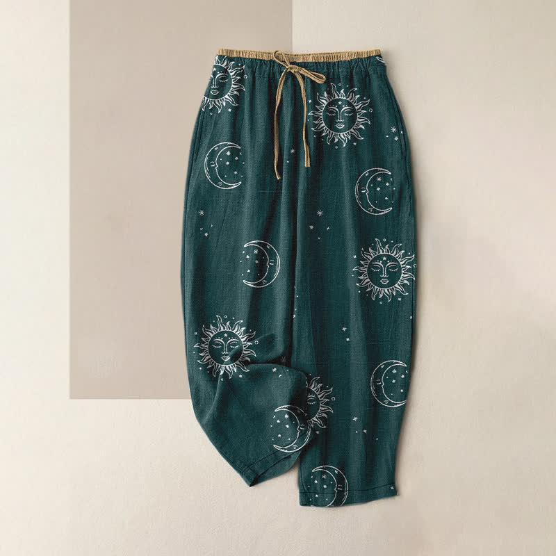 Buddha Stones Damenhose aus reiner Baumwolle mit mystischem Mond- und Sonnenmuster, elastischem Bund und Taschen - Türkis - US16, UK/AU20, EU48 (3XL) - image 5