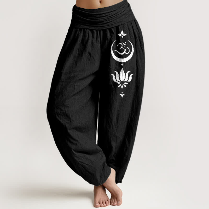 Buddha Stones Damen-Haremshose aus reiner Baumwolle mit Om-Lotus-Mond-Muster und elastischem Bund - Schwarz - US16, UK/AU20, EU48 (3XL) - image 0
