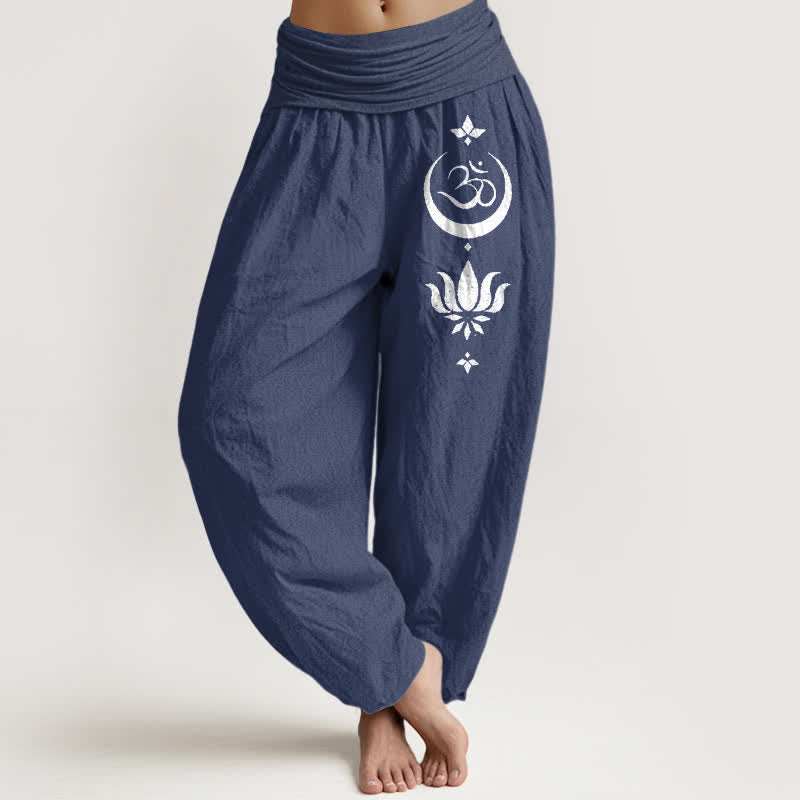 Buddha Stones Damen-Haremshose aus reiner Baumwolle mit Om-Lotus-Mond-Muster und elastischem Bund - Dunkelschieferblau - US16, UK/AU20, EU48 (3XL) - image 5