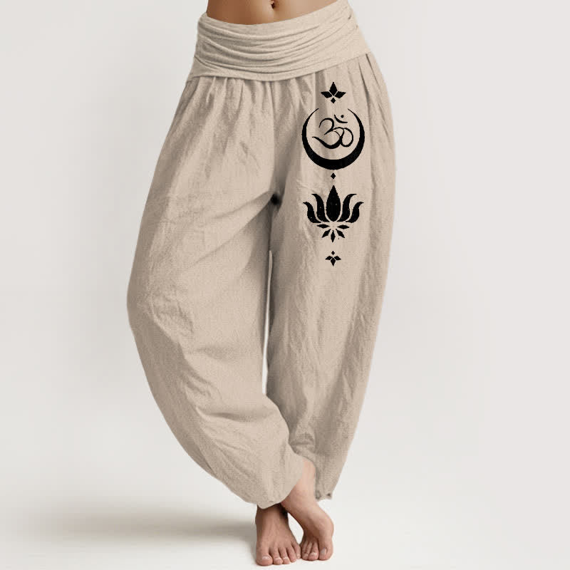 Buddha Stones Damen-Haremshose aus reiner Baumwolle mit Om-Lotus-Mond-Muster und elastischem Bund - Bräunen - US16, UK/AU20, EU48 (3XL) - image 11