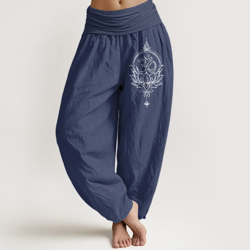 Buddha Stones Damen-Haremshose aus reiner Baumwolle mit Lotus-Om-Mandala-Muster und elastischem Bund - Dunkelschieferblau - US16, UK/AU20, EU48 (3XL) - image 0